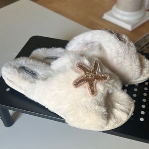 Women's Cream Faux-Fur Embellished Slide Slippers